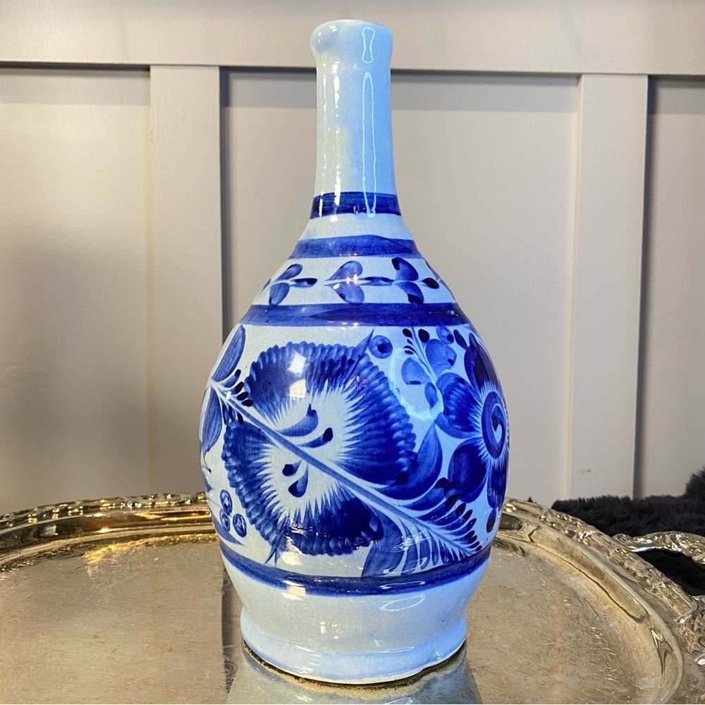Vintage Tonala Mexico Pottery Jug Vase: Hand-Painted Floral Folk Art 12”